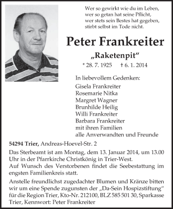 Todesanzeige von Peter Frankreiter von trierischer_volksfreund