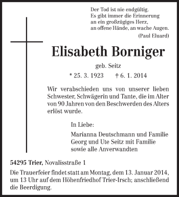 Todesanzeige von Elisabeth Borniger von trierischer_volksfreund