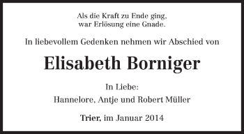 Todesanzeige von Elisabeth Borniger von trierischer_volksfreund