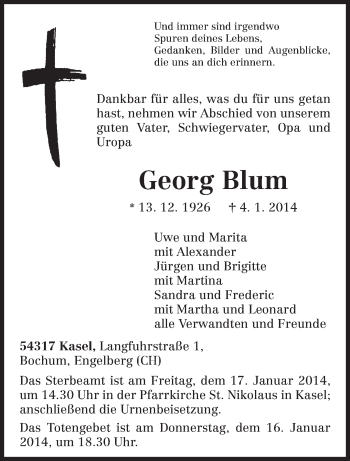 Todesanzeige von Georg Blum von trierischer_volksfreund