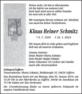 Todesanzeige von Klaus Reiner Schmitz von trierischer_volksfreund