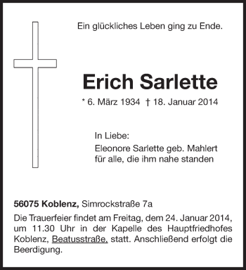 Todesanzeige von Ernst Sarlette von trierischer_volksfreund