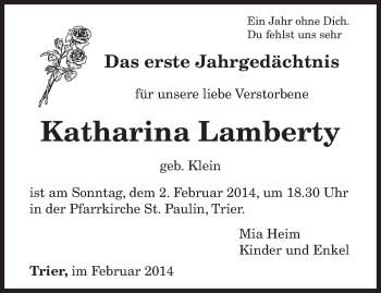 Todesanzeige von Katharina Lamberty von trierischer_volksfreund
