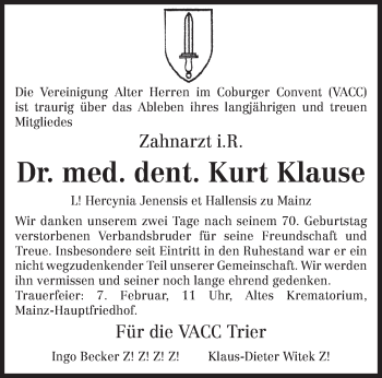 Todesanzeige von Kurt Klause von trierischer_volksfreund