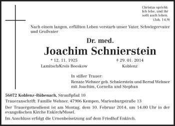 Todesanzeige von Joachim Schnierstein von trierischer_volksfreund