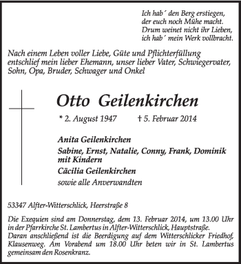 Todesanzeige von Otto Geilenkirchen von trierischer_volksfreund