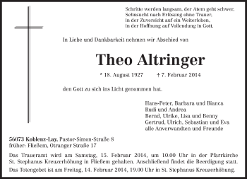 Todesanzeige von Theo Altringer von trierischer_volksfreund