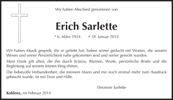 Todesanzeige von Erich Sarlette von trierischer_volksfreund