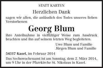 Todesanzeige von Georg Blum von trierischer_volksfreund