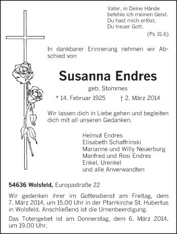 Todesanzeige von Susanna Endres von trierischer_volksfreund