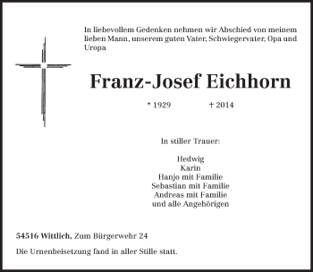 Todesanzeige von Franz-Josef Eichhorn von trierischer_volksfreund