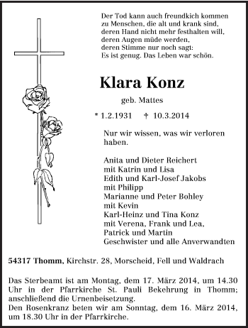 Todesanzeige von Klara Konz von trierischer_volksfreund