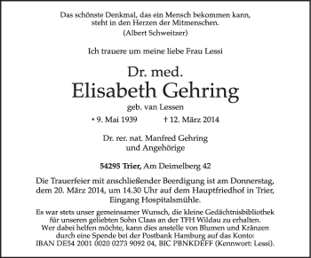 Todesanzeige von Elisabeth Gehring von trierischer_volksfreund