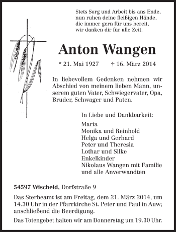 Todesanzeige von Anton Wangen von trierischer_volksfreund