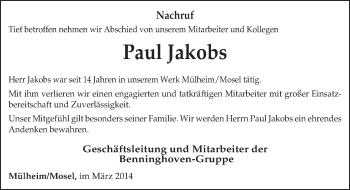 Todesanzeige von Paul Jakobs von trierischer_volksfreund