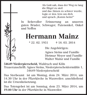 Todesanzeige von Hermann Mainz von trierischer_volksfreund