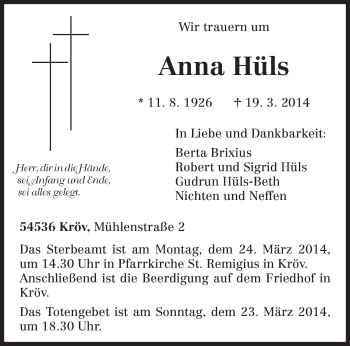 Todesanzeige von Anna Hüls von trierischer_volksfreund
