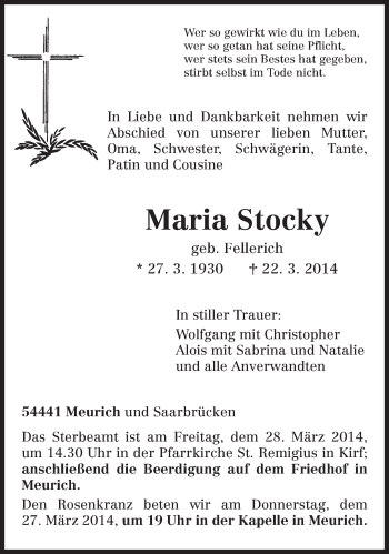 Todesanzeige von Maria Stocky von trierischer_volksfreund
