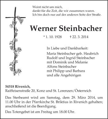 Todesanzeige von Werner Steinbacher von trierischer_volksfreund