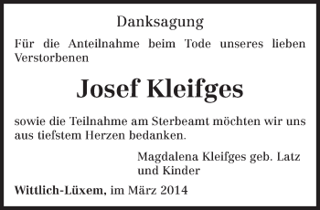 Todesanzeige von Josef Kleirges von trierischer_volksfreund