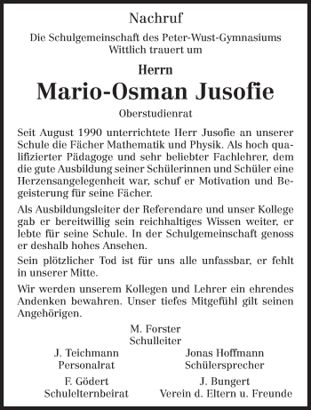 Todesanzeige von Mario-Osman Jusofie von trierischer_volksfreund