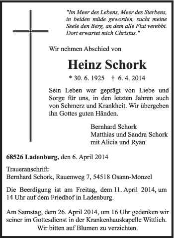 Todesanzeige von Heinz Schork von trierischer_volksfreund