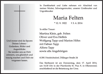 Todesanzeige von Maria Felten von trierischer_volksfreund