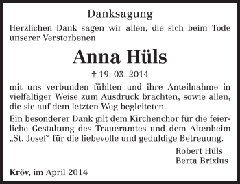 Todesanzeige von Anna Hüls von trierischer_volksfreund