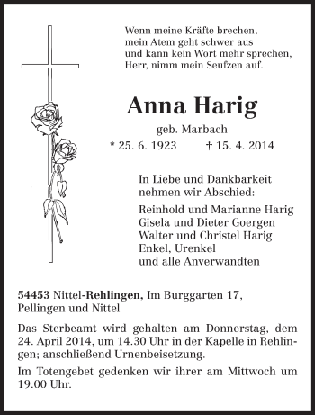 Todesanzeige von Anna Harig von trierischer_volksfreund