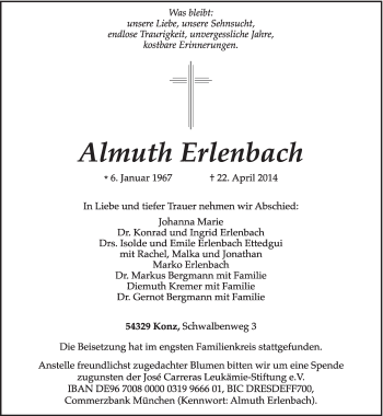 Todesanzeige von Almuth Erlenbach von trierischer_volksfreund