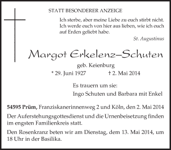 Todesanzeige von Margot Erkelenz–Schuten von trierischer_volksfreund