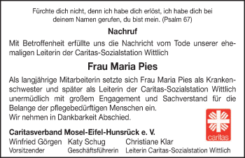Todesanzeige von Maria Pies von trierischer_volksfreund