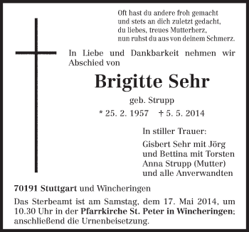 Todesanzeige von Brigitte Sehr von trierischer_volksfreund