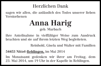 Todesanzeige von Anna Hang von trierischer_volksfreund