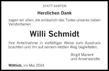 Todesanzeige von Willi Schmidt von trierischer_volksfreund