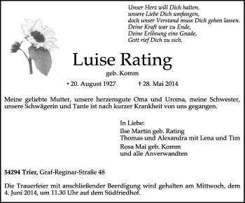 Todesanzeige von Luise Rating von trierischer_volksfreund