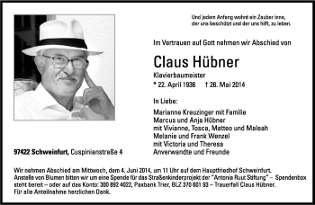 Todesanzeige von Claus Hübner von trierischer_volksfreund