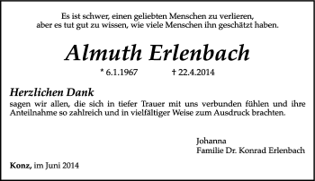 Todesanzeige von Almuth Erlenbach von trierischer_volksfreund
