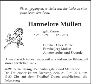 Todesanzeige von Hannelore Müllen von trierischer_volksfreund