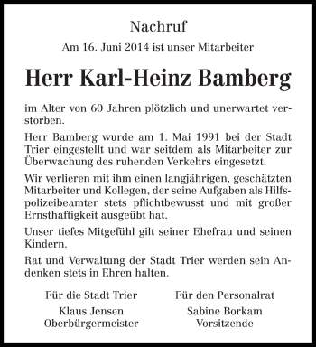 Todesanzeige von Karl-Heinz Bamberg von trierischer_volksfreund