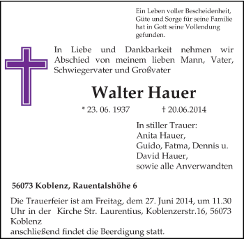 Todesanzeige von Walter Hauer von trierischer_volksfreund