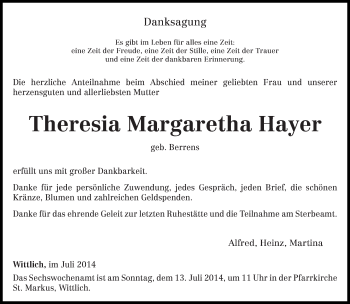 Todesanzeige von Theresia Margaretha Hayer von trierischer_volksfreund