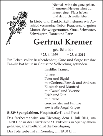 Todesanzeige von Gertrud Kremer von trierischer_volksfreund