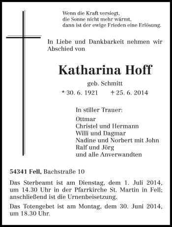 Todesanzeige von Katharina Hoff von trierischer_volksfreund