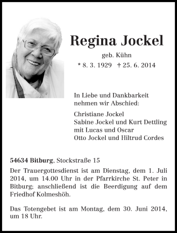 Todesanzeige von Regina Jockel von trierischer_volksfreund