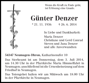 Todesanzeige von Günter Denzer von trierischer_volksfreund