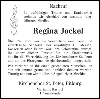 Todesanzeige von Regina Jockel von trierischer_volksfreund
