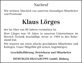 Todesanzeige von Klaus Lörges von trierischer_volksfreund