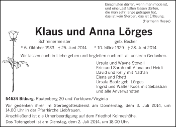Todesanzeige von Klaus und Anna Lörges von trierischer_volksfreund