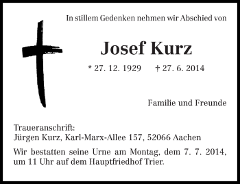 Todesanzeige von Josef Kurz von trierischer_volksfreund